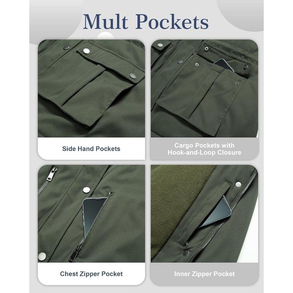 Women's Army Green Waterproof Fleece Lined Detachable Hood Jacket Coat Warm - Picture 7 of 7